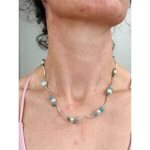 Turquoise And Pearl Blue And White Station Necklace, Gift for Her